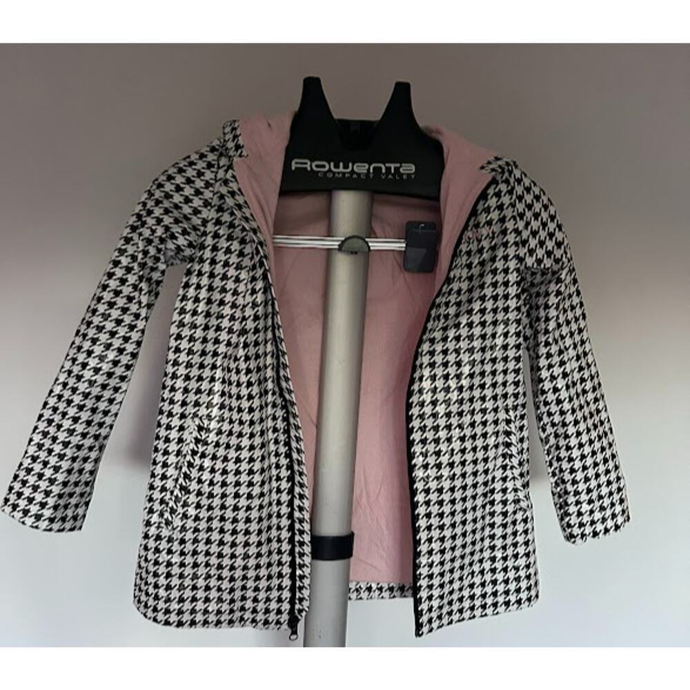 DKNY Girls Black White Houndstooth Hooded Rain Jacket Size 6 Kids Coat Zip - Picture 2 of 8